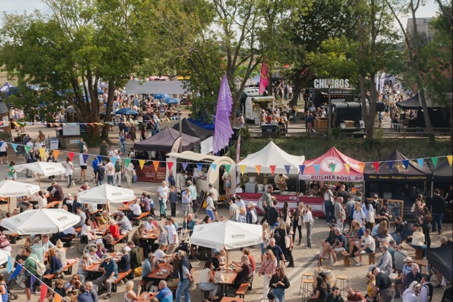 View over the festival’s food stalls, bars and seating areas